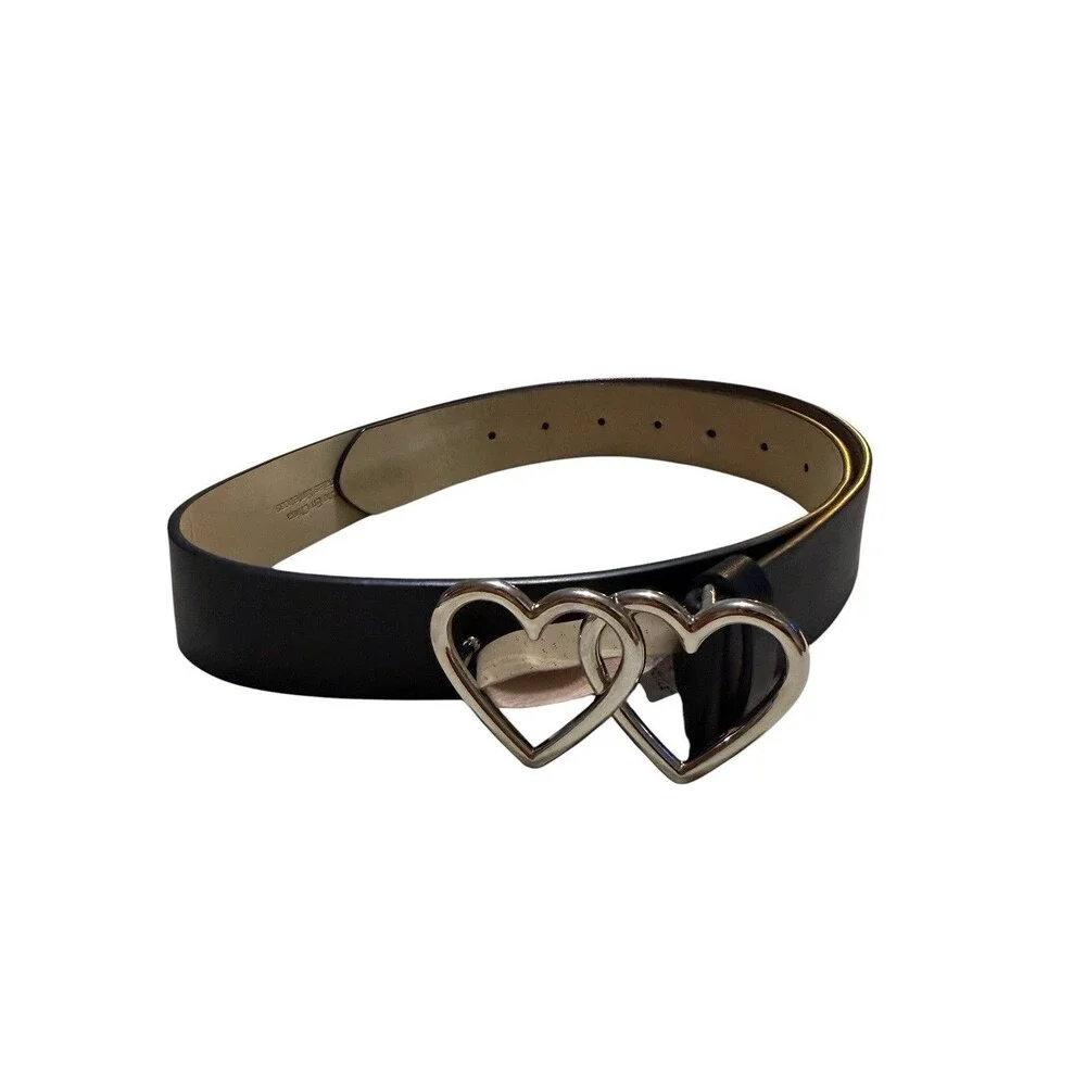 Black Double Heart Buckle Belt Silver Tone Women’s Size M Y2K